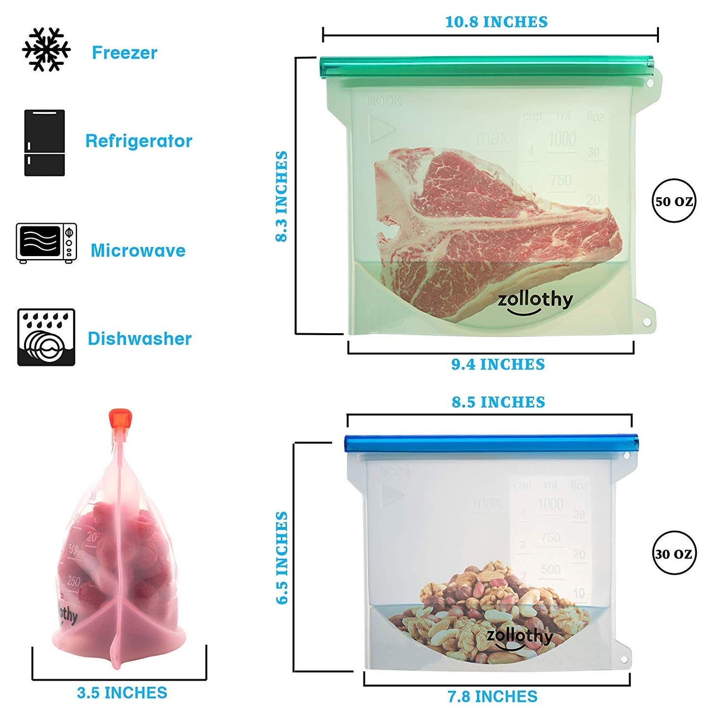 Silicone Reusable Storage Food Bags (4 Bags and 6 Stretch Lids)