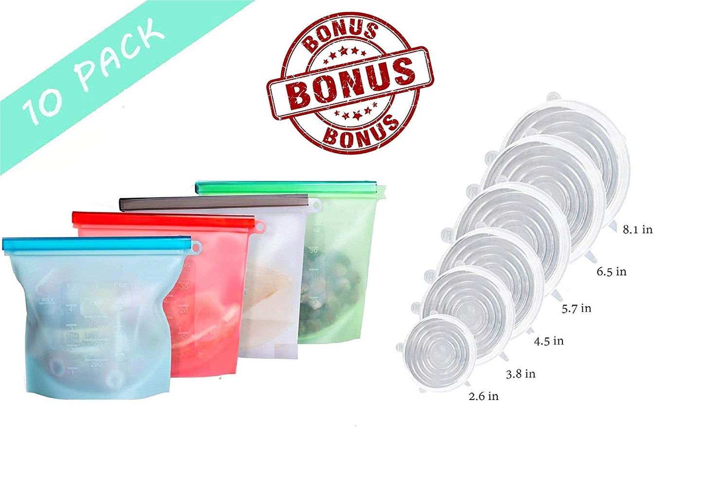 Silicone Reusable Storage Food Bags (4 Bags and 6 Stretch Lids)