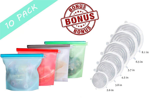 Silicone Reusable Storage Food Bags (4 Bags and 6 Stretch Lids)